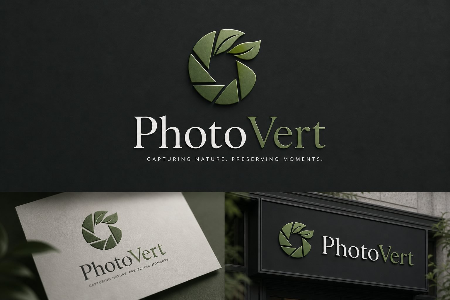 PhotoVert brand board: leaf aperture logo on dark green with print applications